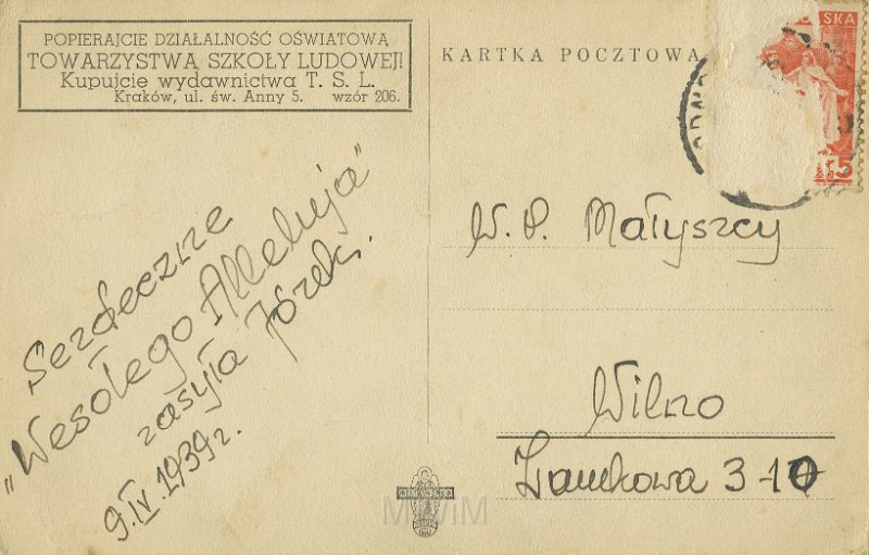 KKE 5478a.jpg - Fot. Widokówka wielkanocna projektu W. Boratyńskiego przedstawiająca święconkę, wzór 206. Wydawnictwo T.S.L. Kraków, ul. Św. Anny 5. Zaadresowana: od Józefa do rodziny Małyszko, Kraków, 9 IV 1939 r.